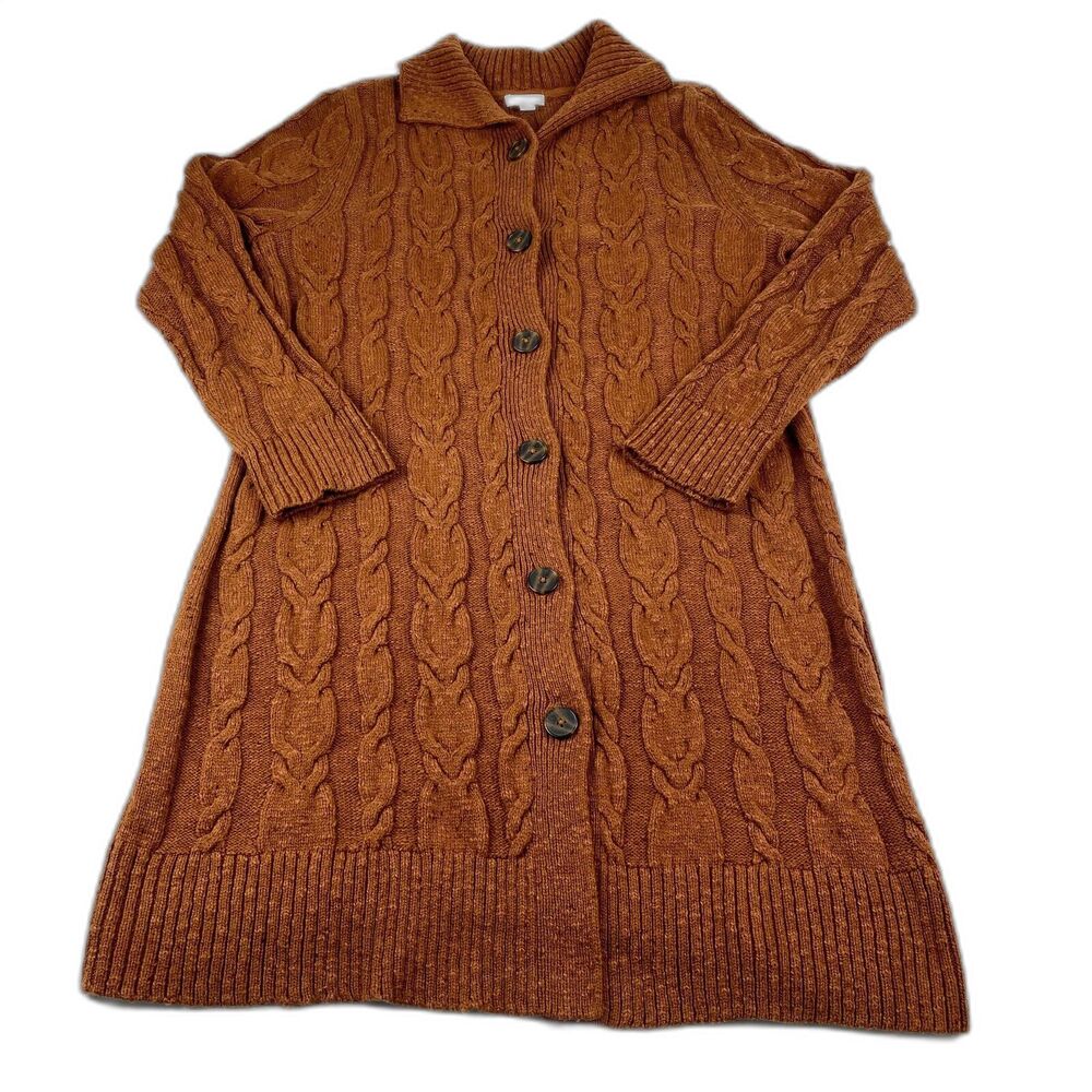J. Jill Womens Cable-knit Cardigan Wool Button Up Duster Sweater Auburn Medium